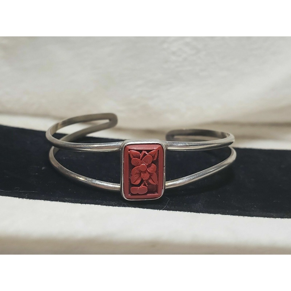 925 Sterling Silver Cuff Bracelet Carved Red Jasper Stone